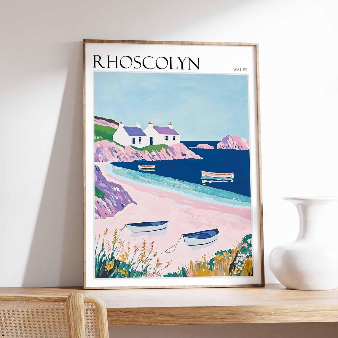 Rhoscolyn Wales White Cottage Pink Beach Rowboats Art Poster