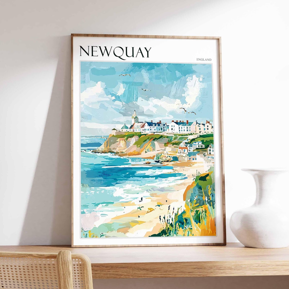 Newquay England Beach Waves Cliffs Town Painting Seaside Poster