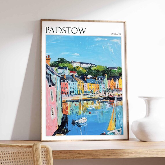 Padstow England Colorful Town Sailboats Scene Vintage Travel Poster