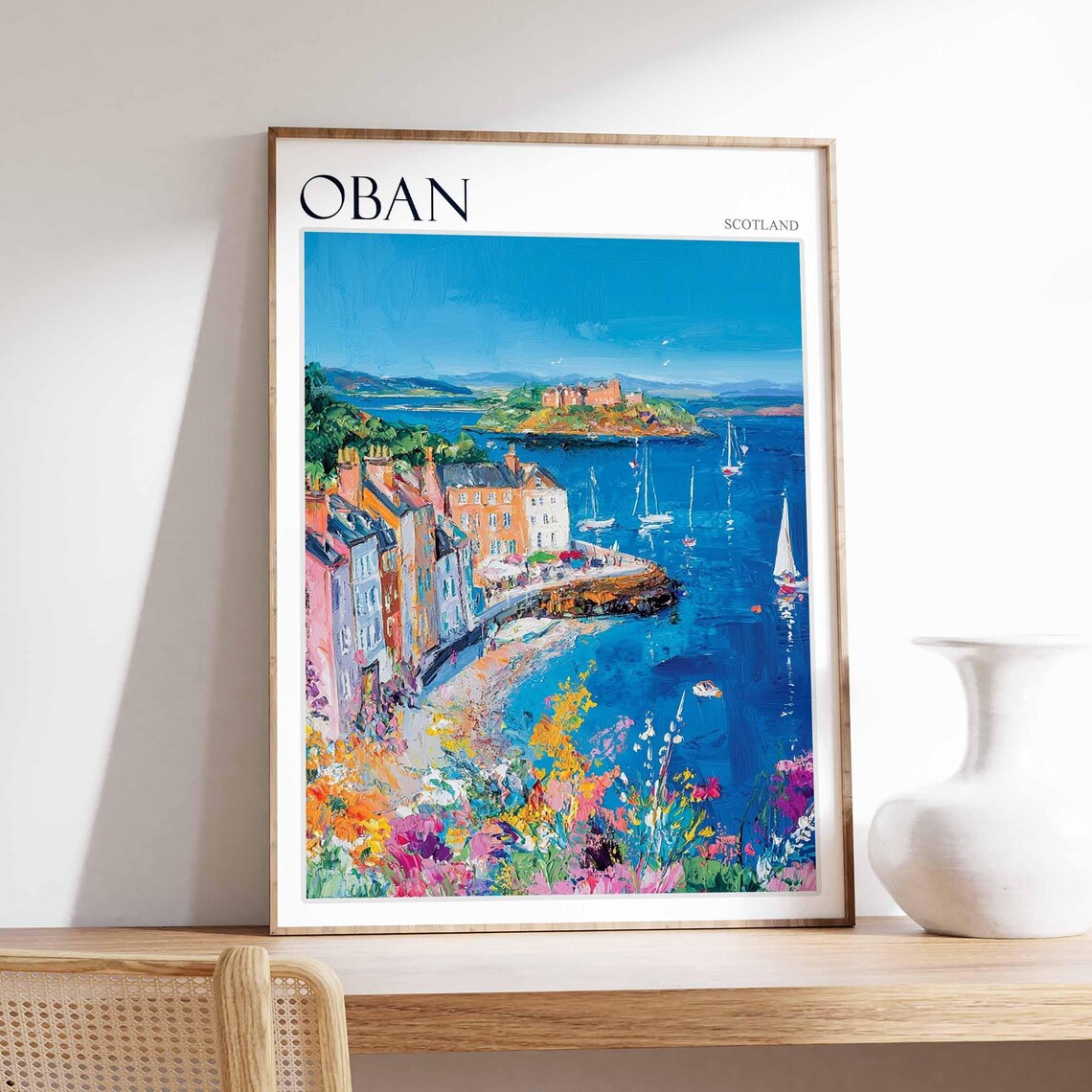 Oban Flower Meadow Bay Castle Island Town Scotland Travel Poster