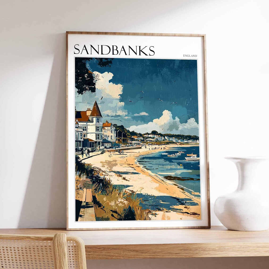 Sandbanks England Cloudy Sky Beach Houses Anchored Boats Art Poster