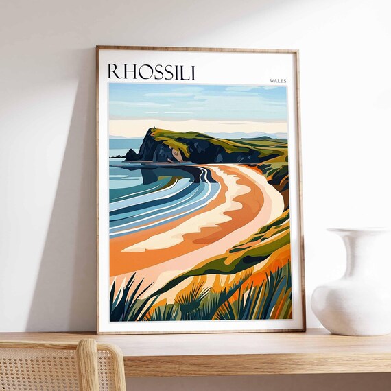 Rhossili Wales Retro Graphic Curved Bay Headland Art Style Poster