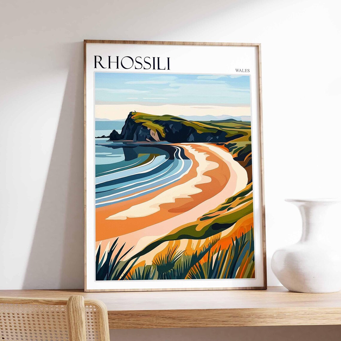 Rhossili Wales Retro Graphic Curved Bay Headland Art Style Poster