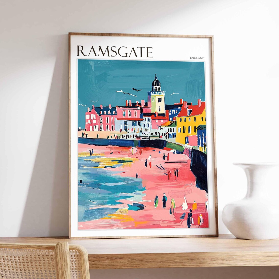 Ramsgate England Busy Pink Beach Townscape Bold Artwork Poster