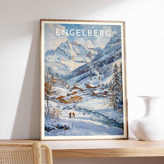 Engelberg Alpine Village River and Church Steeple Snowy Winter Poster