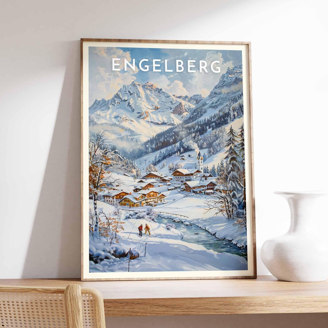 Engelberg Alpine Village River and Church Steeple Snowy Winter Poster