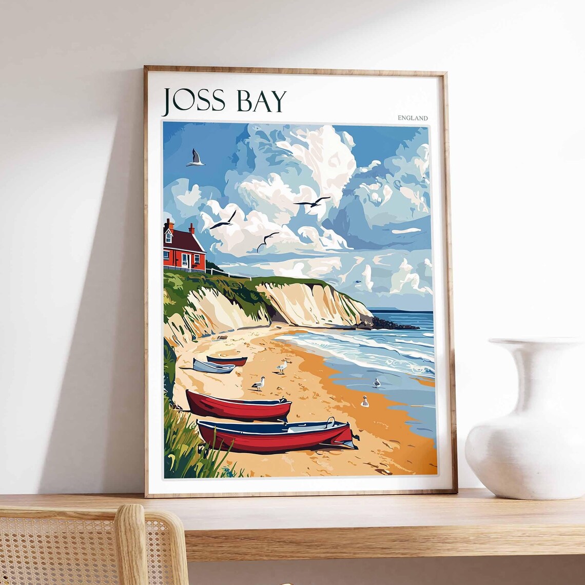 Joss Bay England Red Rowboats White Cliffs Seagulls Beach Poster