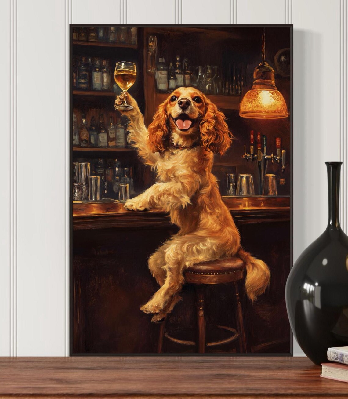 Cocker Spaniel Bar Art Print, Rustic Pub Decor