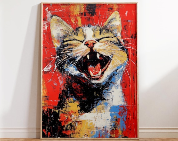 Laughing Tabby Cat Red Background Pop Art Paint Splatter Pet Poster