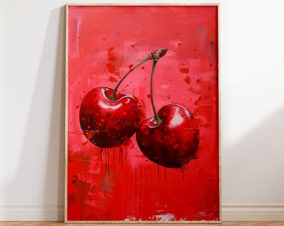 Abstract Cherry Painting Wall Art Vibrant Red Kitchen Decor Trendy Eclectic Home Decor Food Poster Print