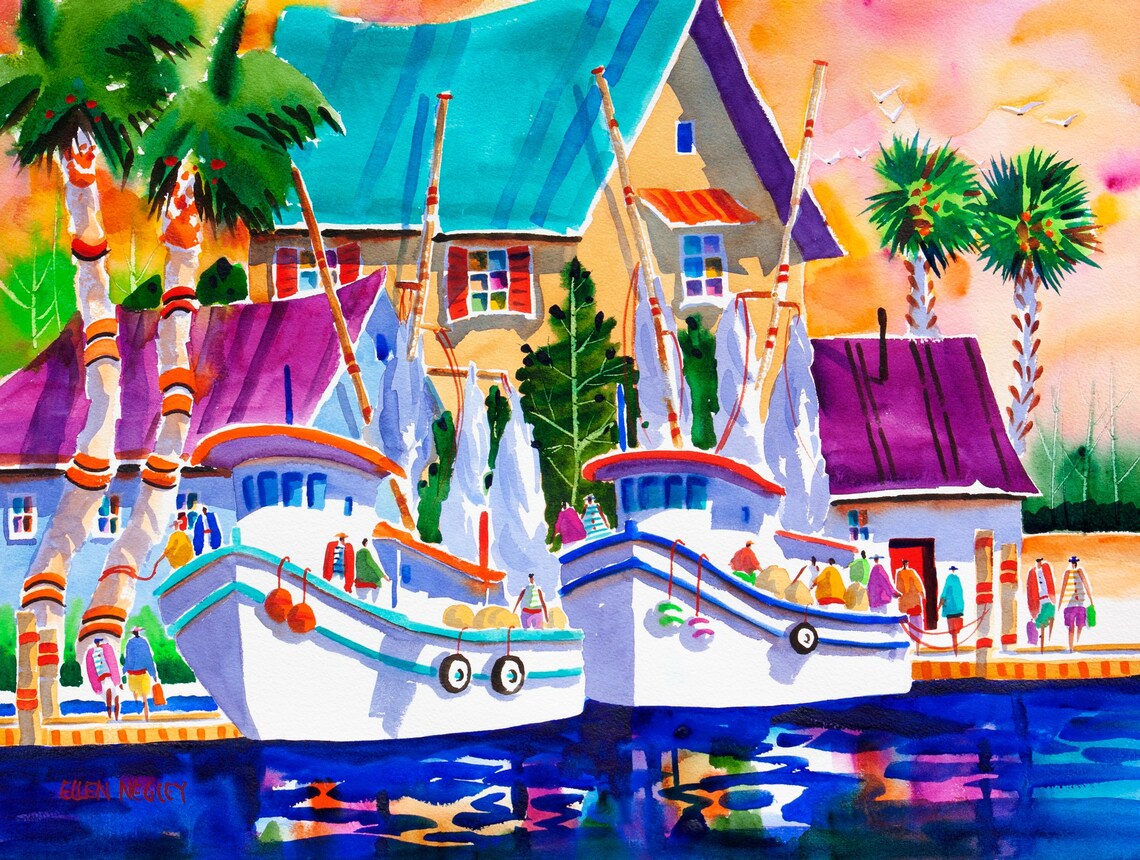 Tarpon Springs Florida Fishing Boats Watercolor Art Print