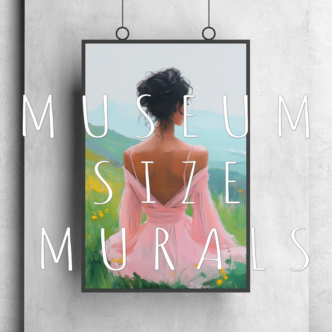Woman in Pink Dress Sitting in a Green Meadow Hillside View Art Poster - Image 3