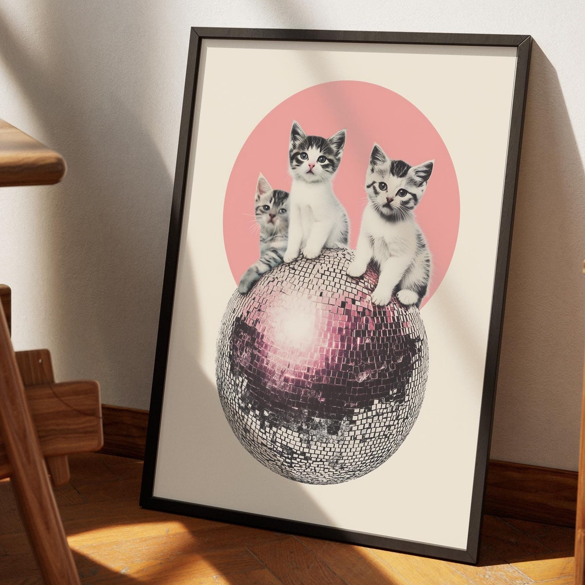 Three Kittens Pink Disco Ball Mirrorball Collage Poster Retro Cat - Image 4