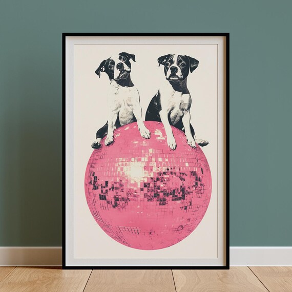 Staffy Duo Perched on a Glittery Pink Disco Ball Retro Art Poster