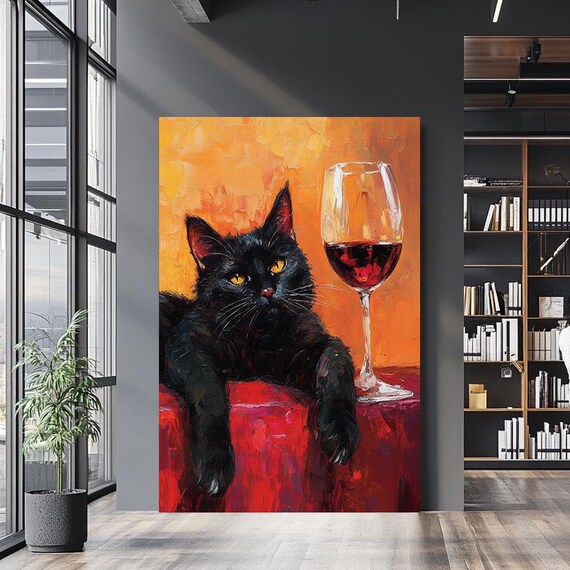 Black Cat With Red Wine Glass Fun Impasto Feline Painting Poster