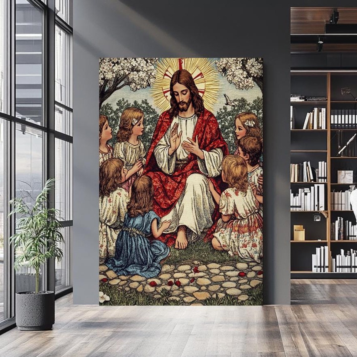 Jesus With Children Vintage Biblical Scene Classic Christian Art Poster