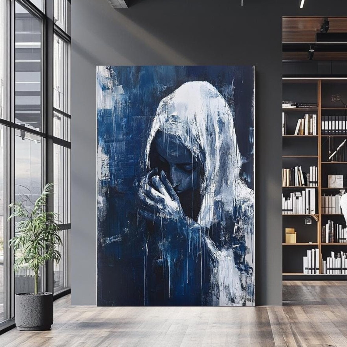 Veiled Woman Praying Blue Monochrome Abstract Spiritual Art Poster