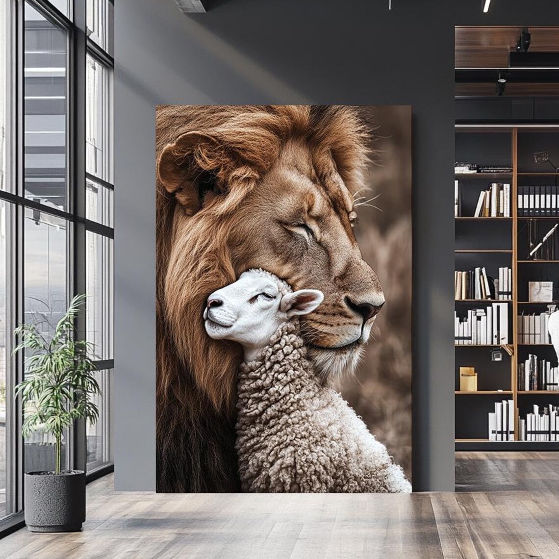 Lion And Lamb Embrace Peaceful Portrait Warm Faith Harmony Wall Art