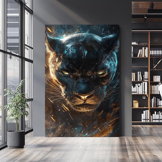 Black Panther Wall Art Print Fiery Illustration Vibrant Jungle Animal Artwork Wild Panther Decor For Living Room Or Office