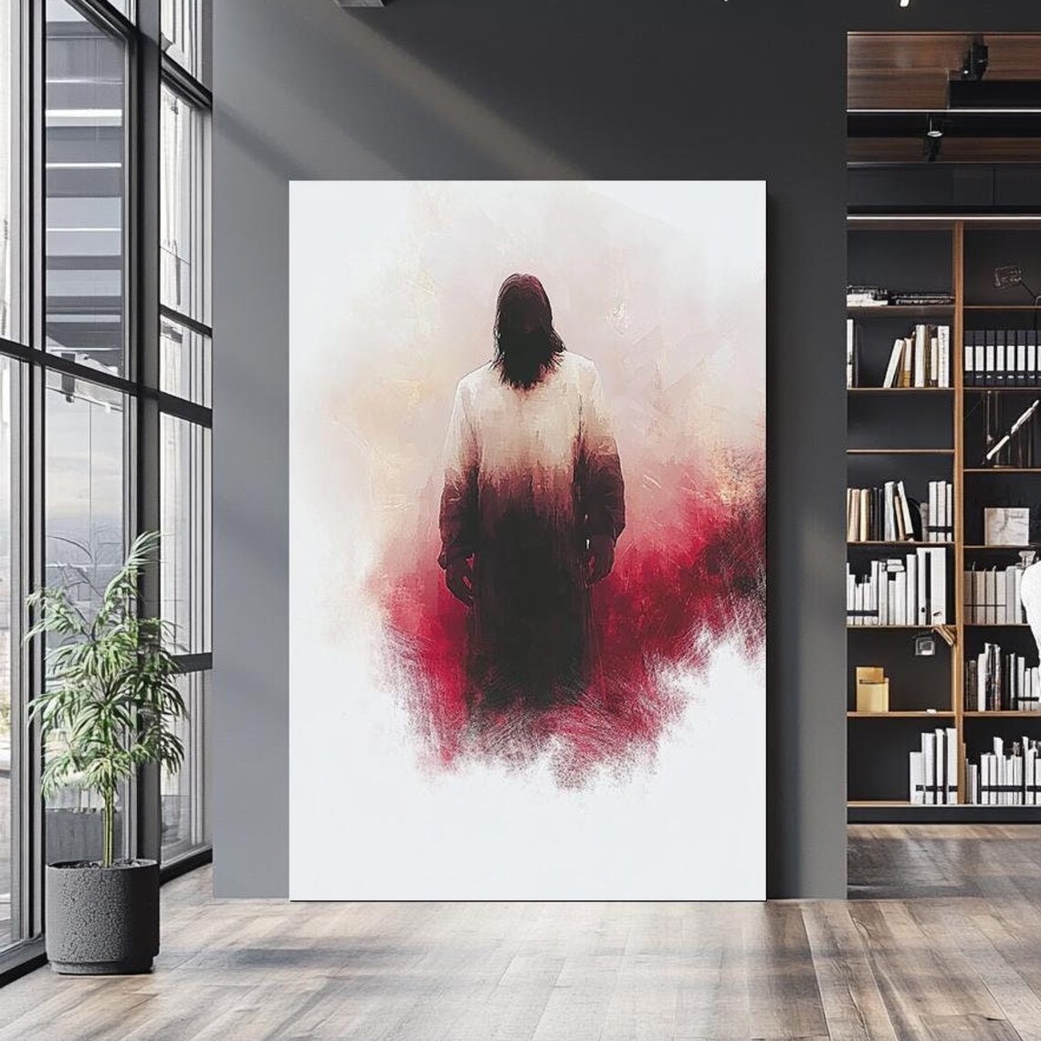 Jesus From Behind Minimalist Red Mist Watercolor Spiritual Art Poster