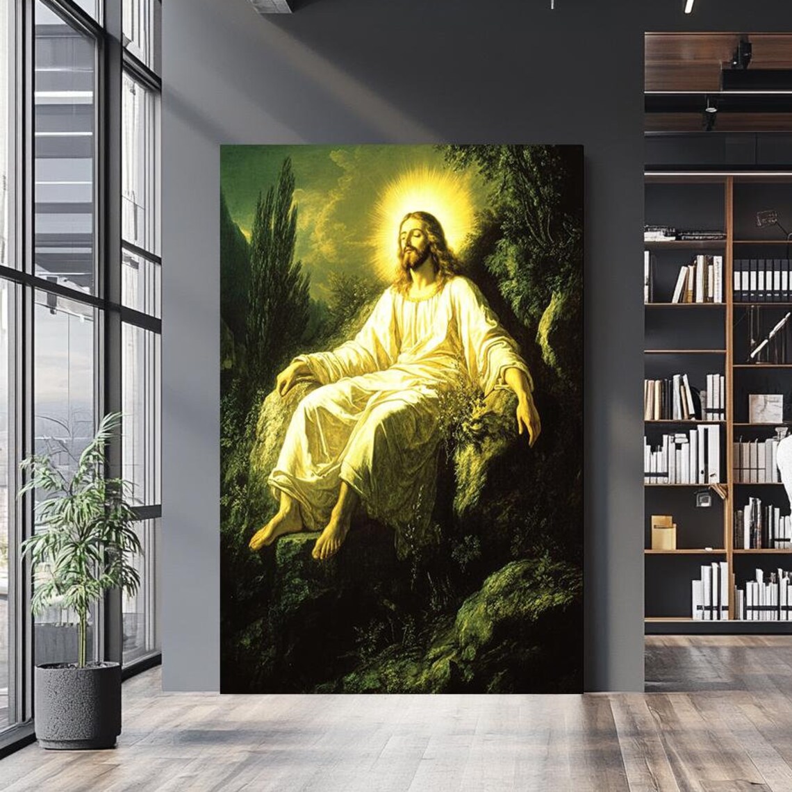 Jesus Seated In Peaceful Garden Glowing Halo Sacred Contemplation Poster