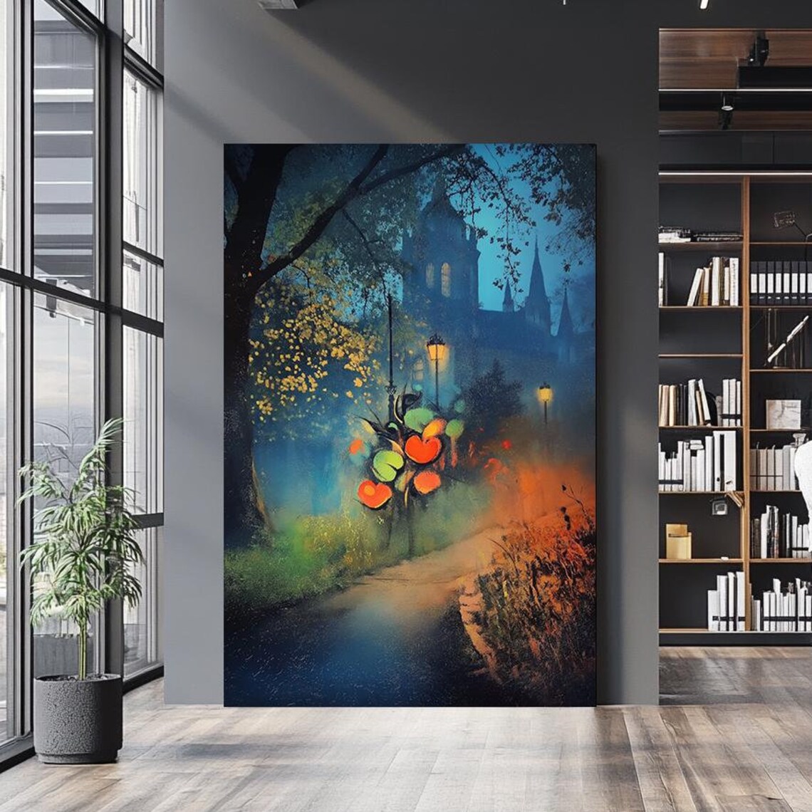 Misty Night Church Street Lamplight Romantic Blue Painting Poster