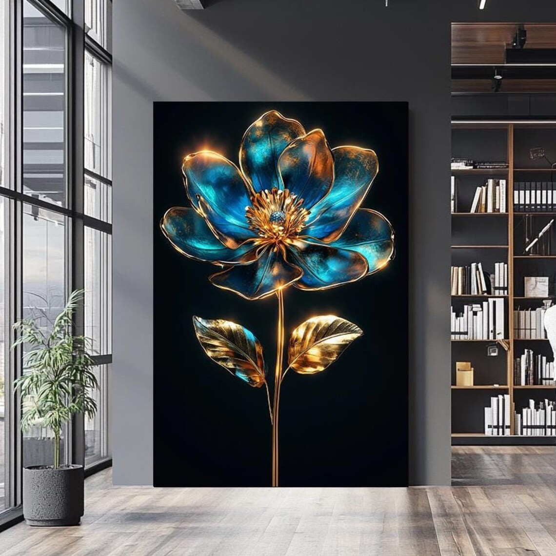 Luxury Metallic Blue And Gold Flower Wall Art Elegant 3d Floral Artwork For Modern Home Decor Large Gold Framed Botanical