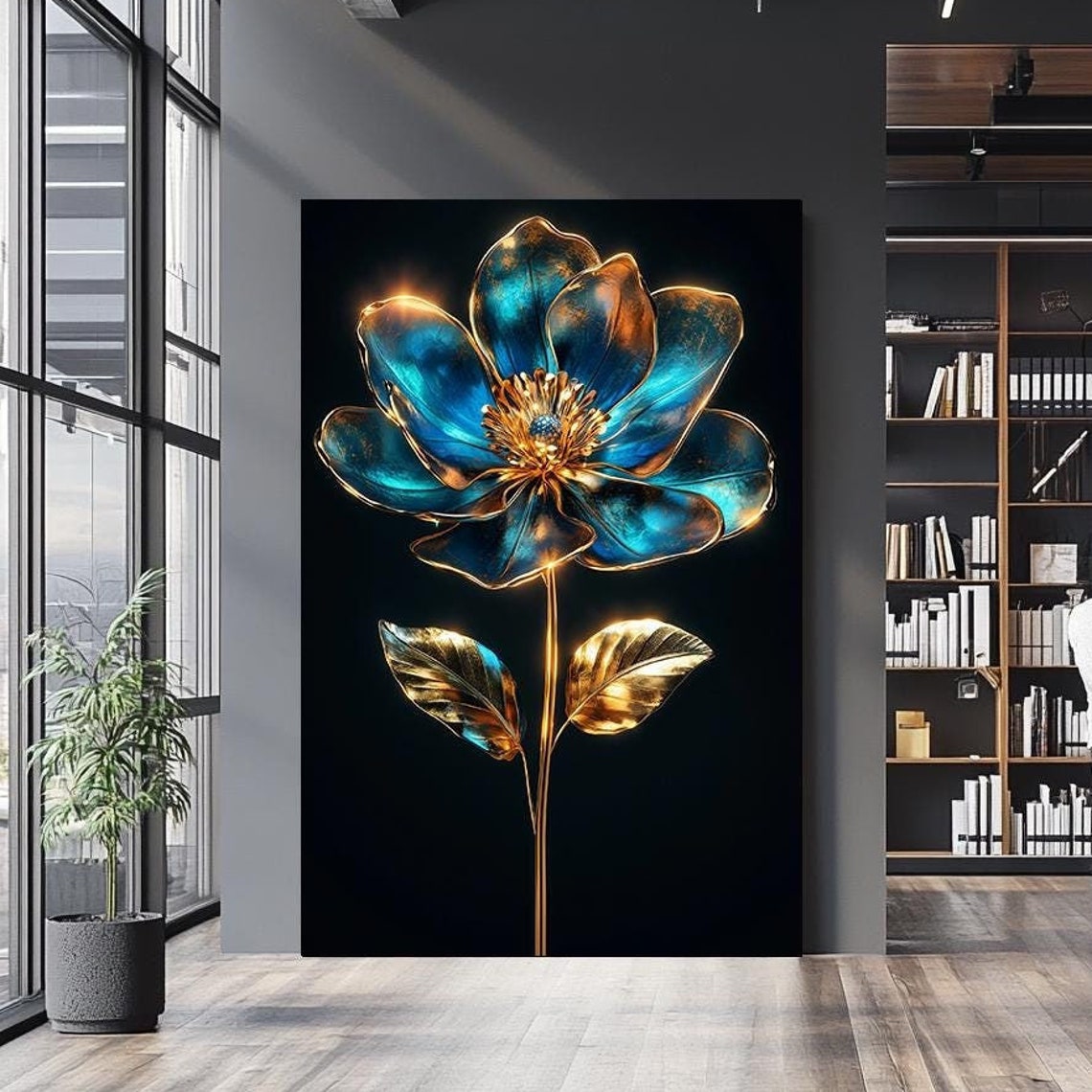 Metallic Blue Gold Flower Glowing Bloom Black Background Wall Art