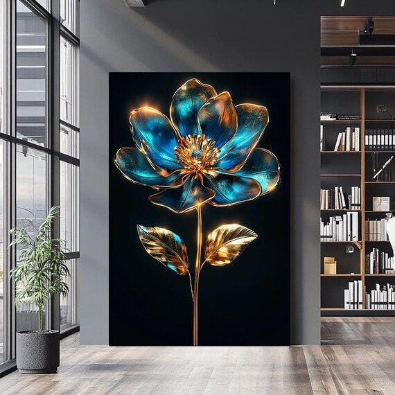 Luxury Metallic Blue And Gold Flower Wall Art Elegant 3d Floral Artwork For Modern Home Decor Large Gold Framed Botanical
