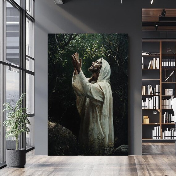 Jesus Praying In Dark Garden Hooded Robe Uplifted Hands Faith Poster