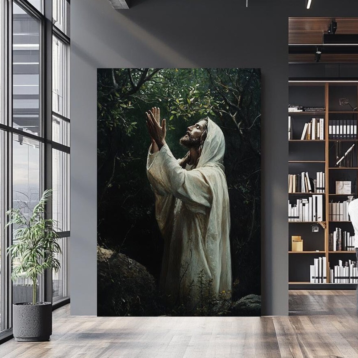 Jesus Praying In Dark Garden Hooded Robe Uplifted Hands Faith Poster