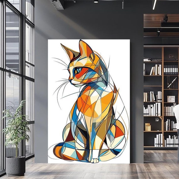 Abstract Geometric Cat Art Modern Colorful Cat In Cubist Style Contemporary Animal Wall Decor