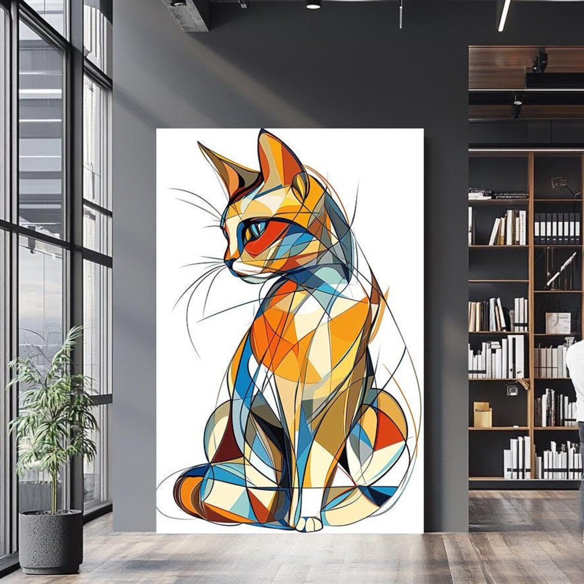 Colorful Geometric Cat Cubist Line Art Modern Feline Wall Poster