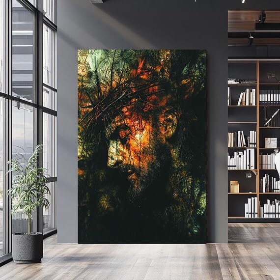 Jesus Crown Of Thorns Fiery Abstract Portrait Red Orange Art Poster