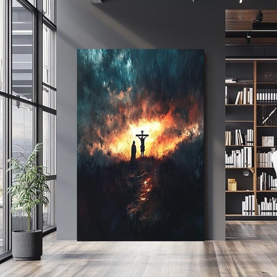 Crucifixion Cross Silhouette Fiery Orange Storm Clouds Night Poster