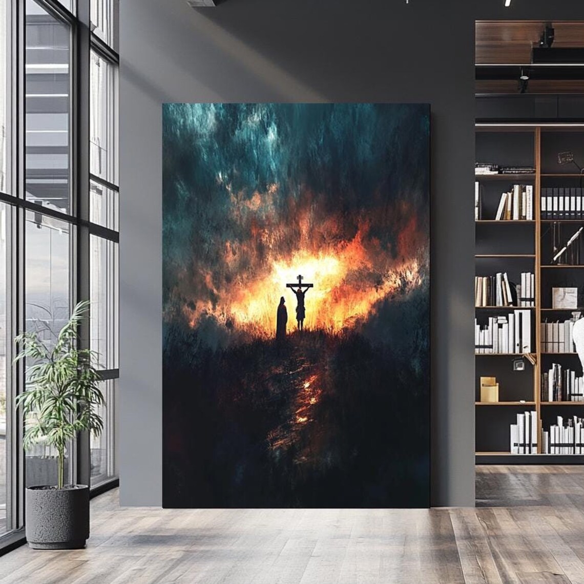 Crucifixion Cross Silhouette Fiery Orange Storm Clouds Night Poster
