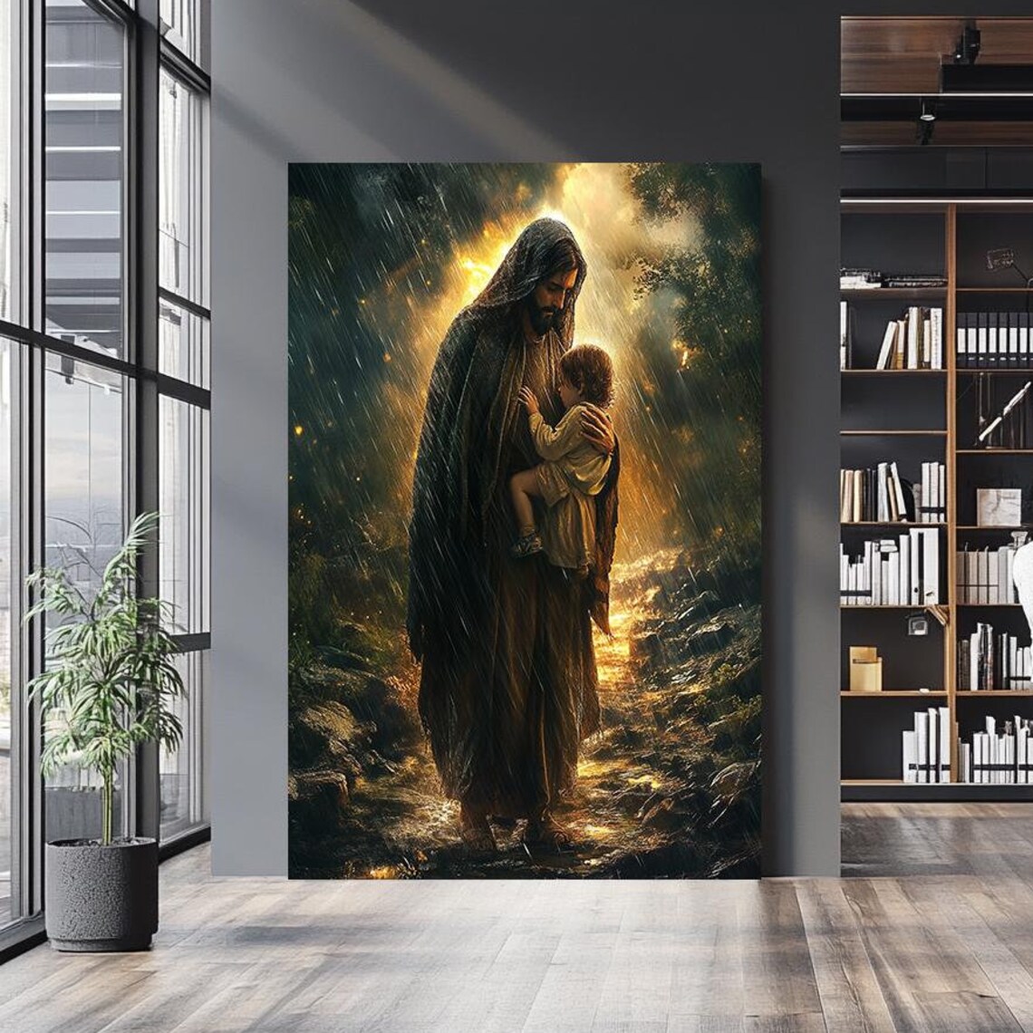 Jesus Protecting Small Child In Rain Golden Divine Light Poster