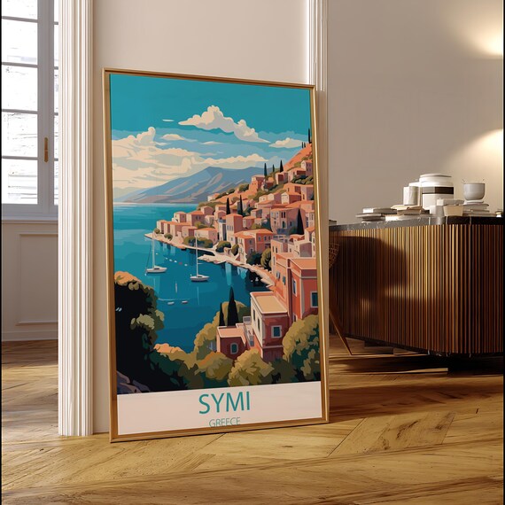 Symi Greece Harbor Colorful Hillside Village Seaside Art Poster