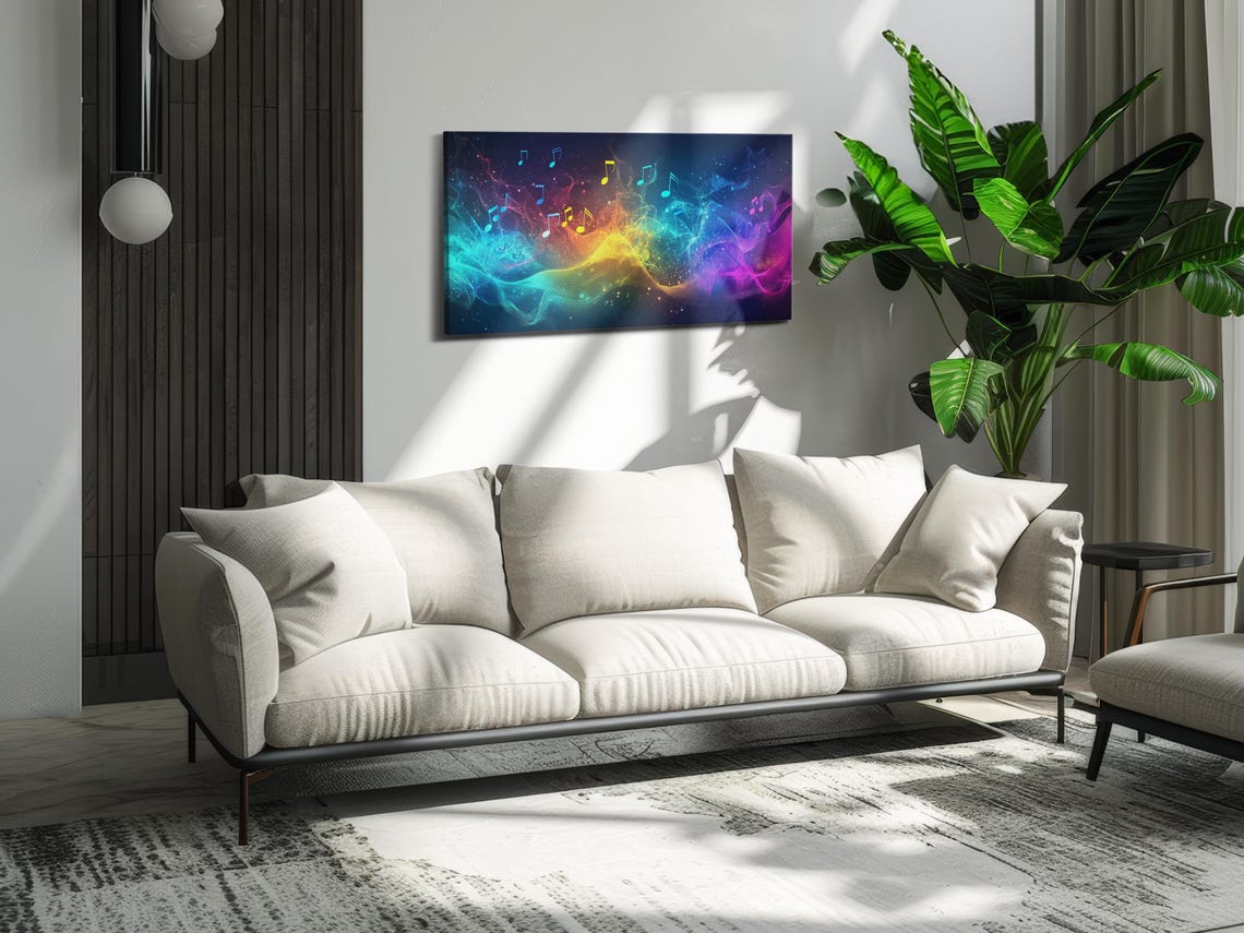 Neon Rainbow Music Notes Cosmic Smoke Wave Abstract Art Poster - Image 2