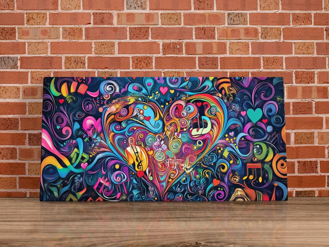 Vibrant Love Symphony Heart Music Notes Swirl Abstract Art Poster