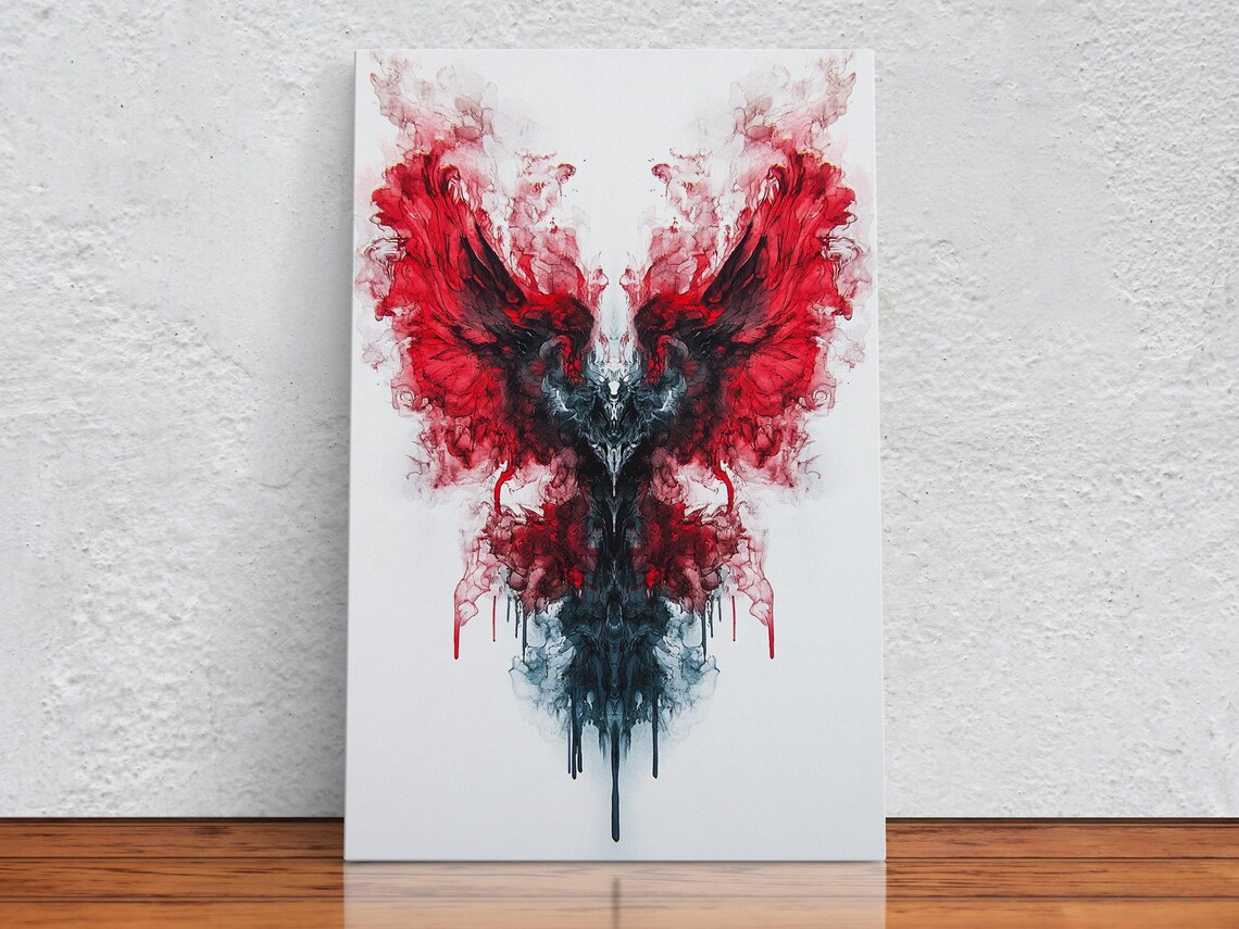Fiery Red Ink Wings Symmetrical Butterfly Abstract Art Poster - Image 2