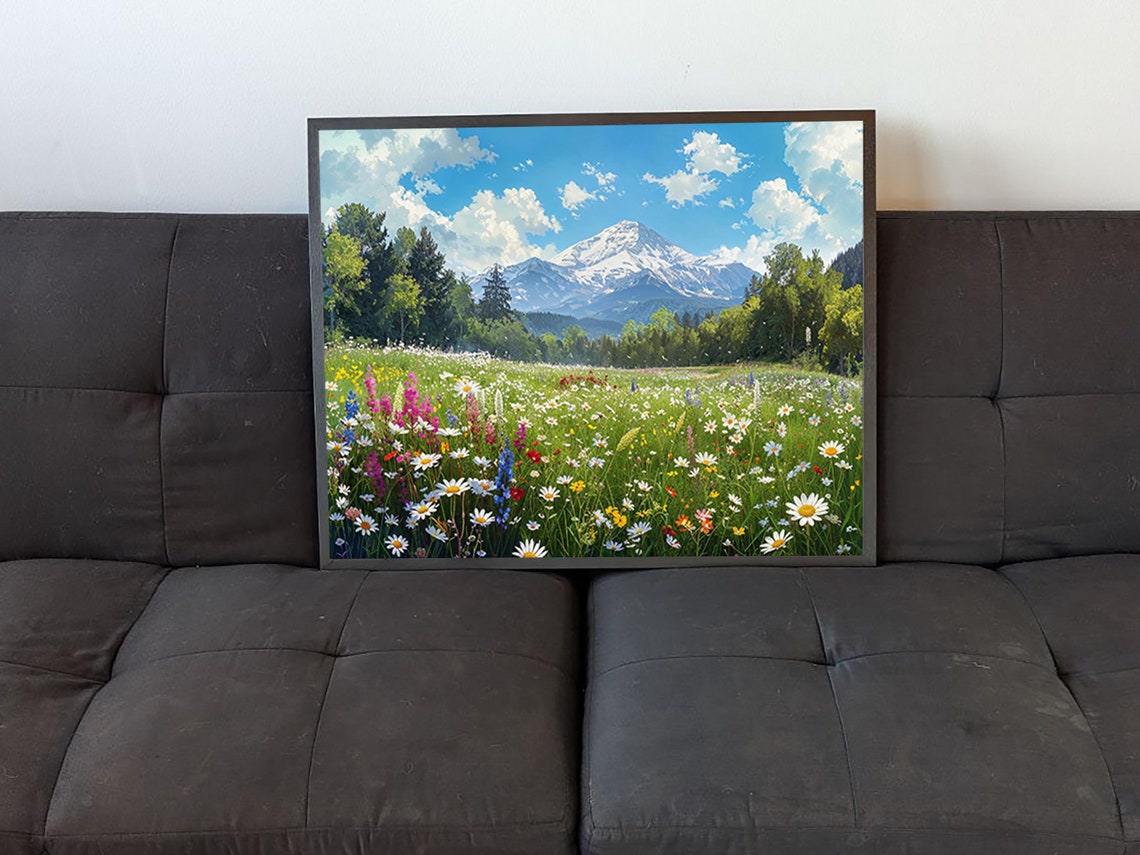 Snowy Mountain Peak Wildflower Meadow Daisies Pine Trees Nature Poster - Image 4