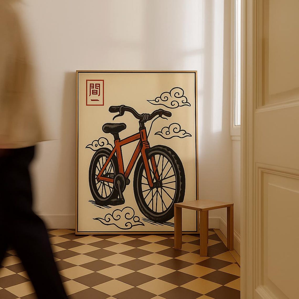 Japanese Style Red Bicycle Illustration Vintage Cycling Poster