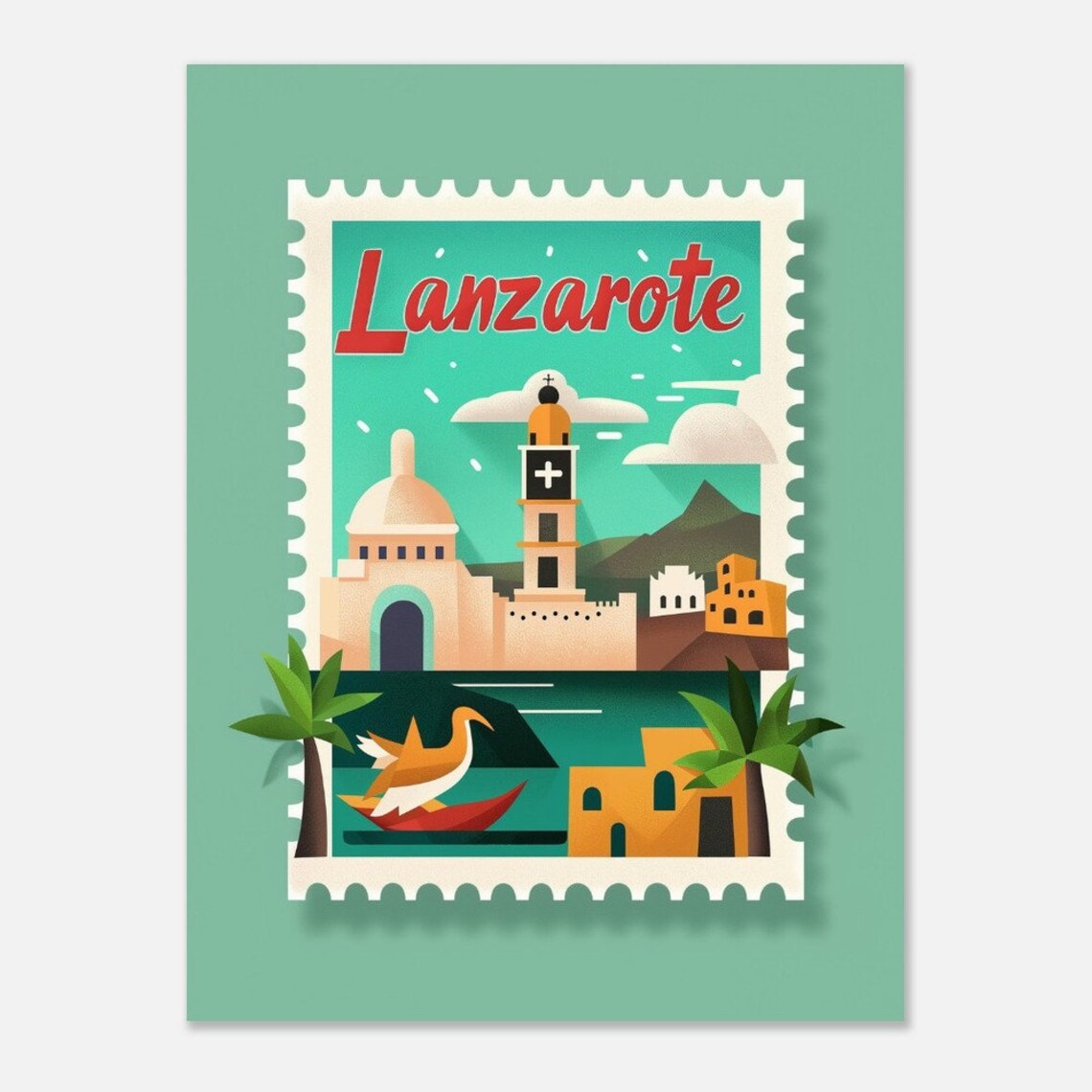 Lanzarote White Church Volcanic Hills Stamp Style Travel Poster - Image 2