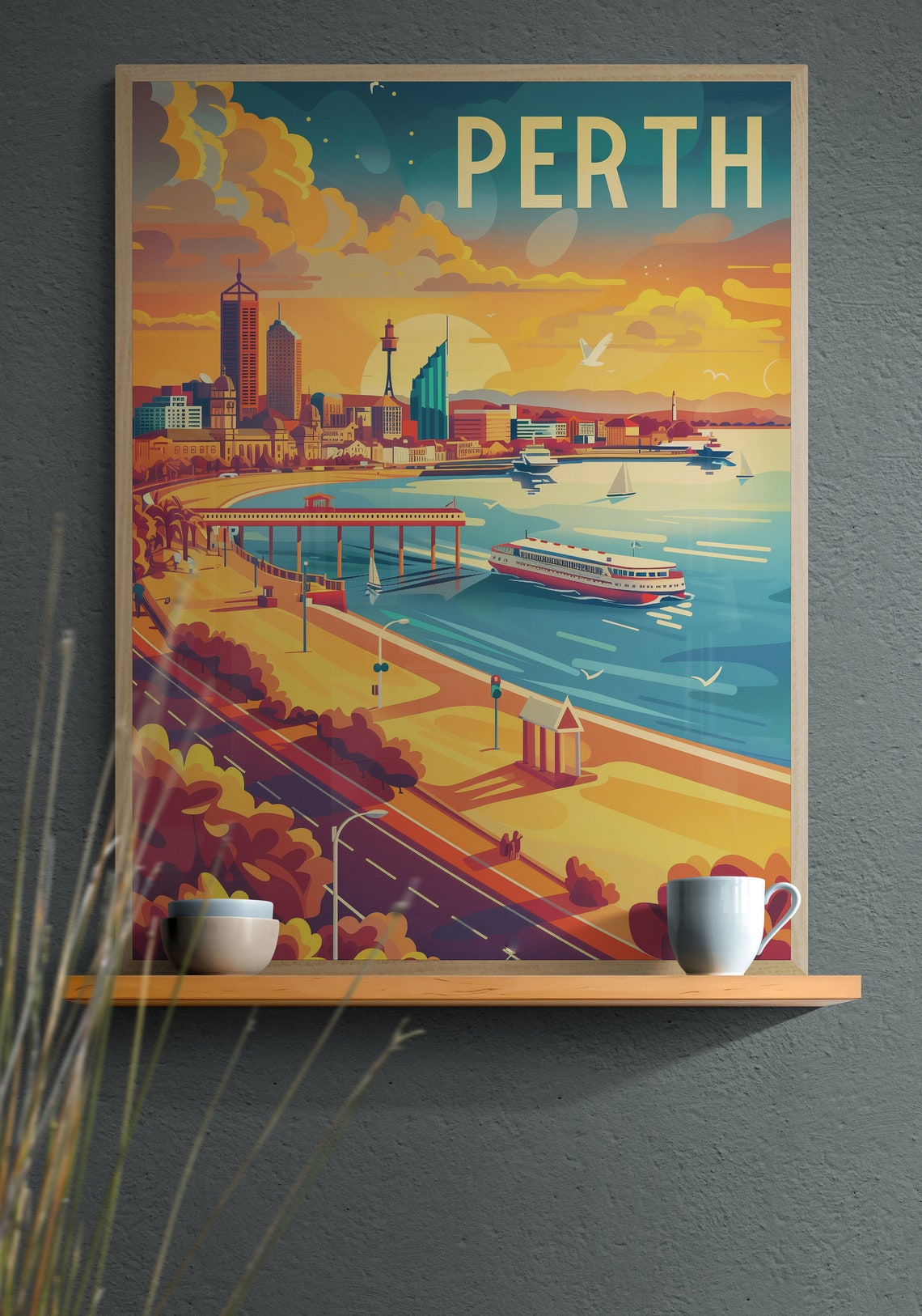 Perth Waterfront Sunset Ferry and Pier Vintage Travel Poster