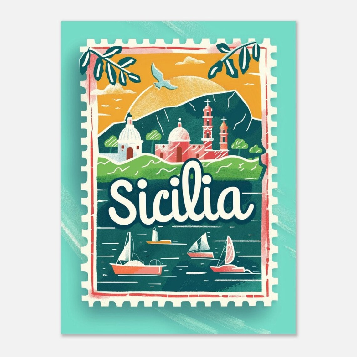 Sicily Coastal Village Sailboats Mint Vintage Stamp Travel Poster - Image 2