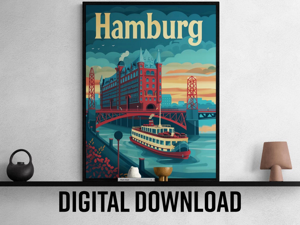 Hamburg Germany Harbor Bridge Ferry Red Brick Vintage Travel Poster