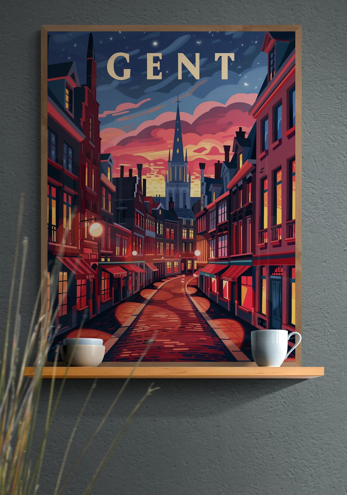 Ghent Belgium Night Street Old Town Church Tower Sunset Travel Poster - Image 3