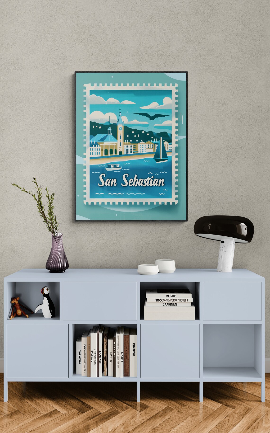 San Sebastian Harbor Church Sailboats Blue Stamp Spain Travel Poster - Image 3