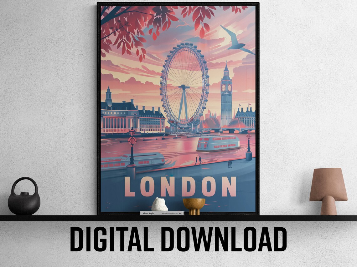 London Eye and Big Ben Over Thames in Pink Sunset Travel Poster